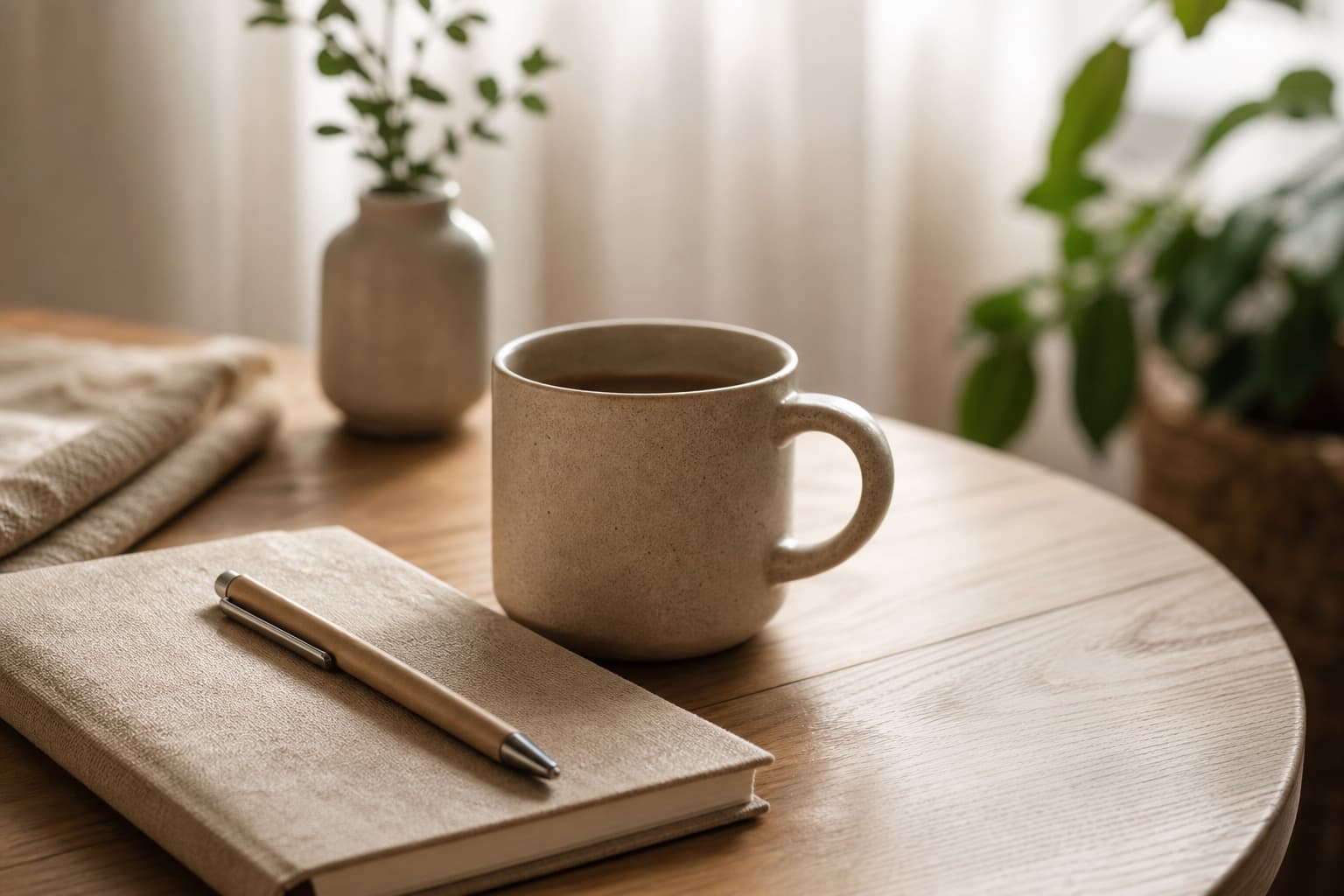 Caderno, caneta e xícara sobre mesa de atendimento